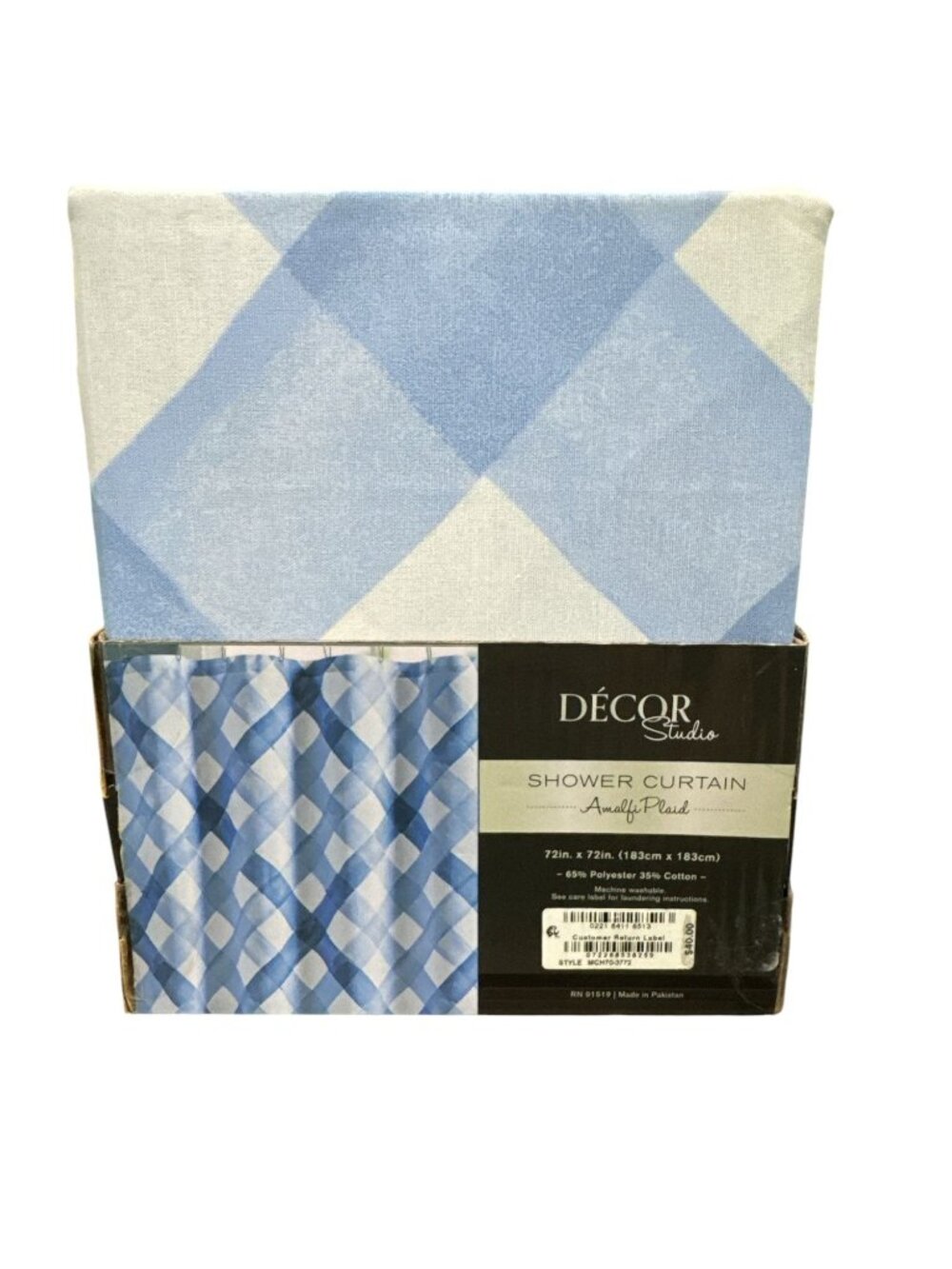 Décor Studio Amalfi Plaid Shower Curtain Blue & White 72"x72" Polyester/Cotton B - Picture 2 of 4
